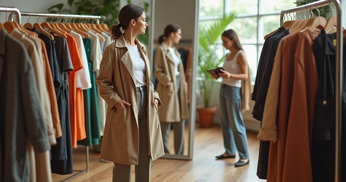 Mulher provando look sustentável em brechó premium com ar de passarela 