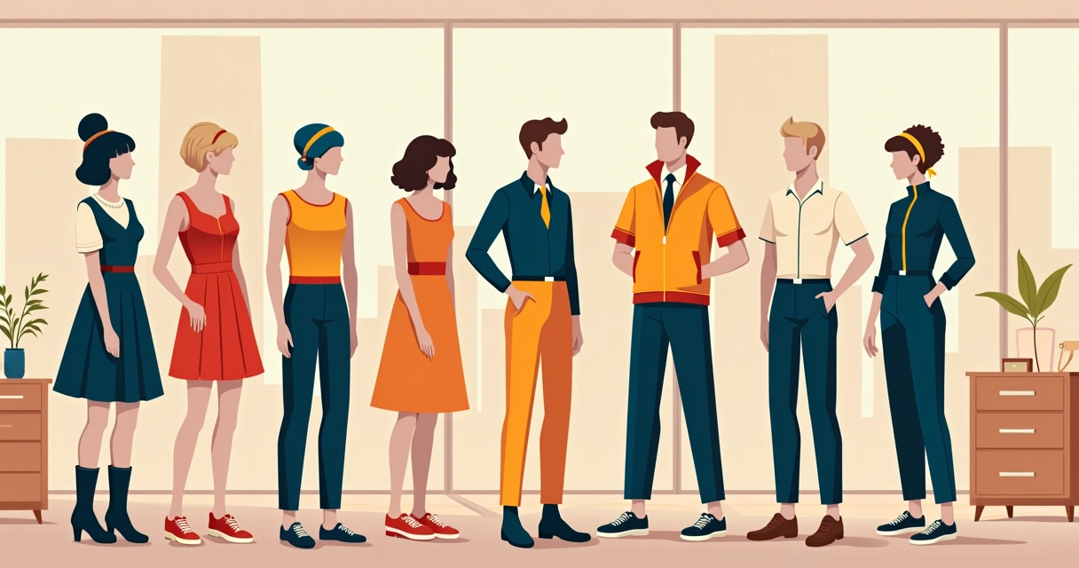 Trajes inspirados nos anos 60 e 80, exibidos em ambiente moderno 