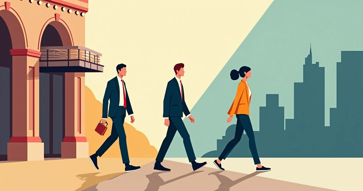 Modelos em passarela dividida entre figurino clássico e roupa moderna 