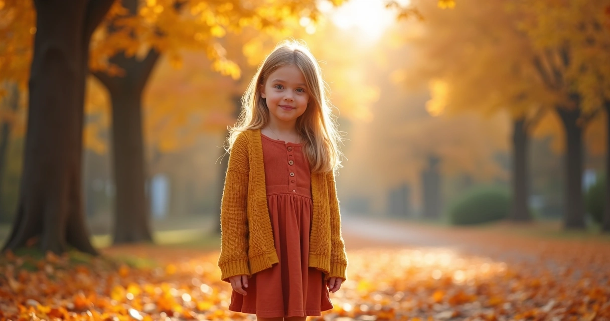 Menina vestindo roupas coloridas de outono em cenário natural com folhas caídas, tons terrosos e luz suave 