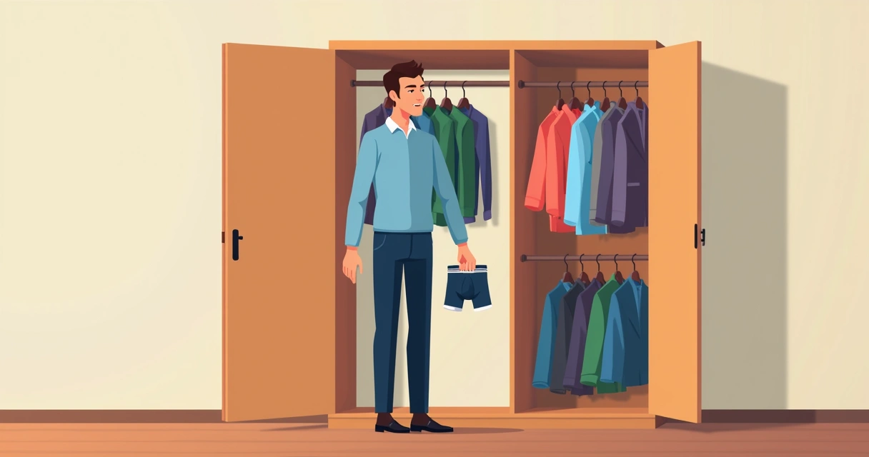 Homem comparando samba-canção e boxer em ambiente descontraído