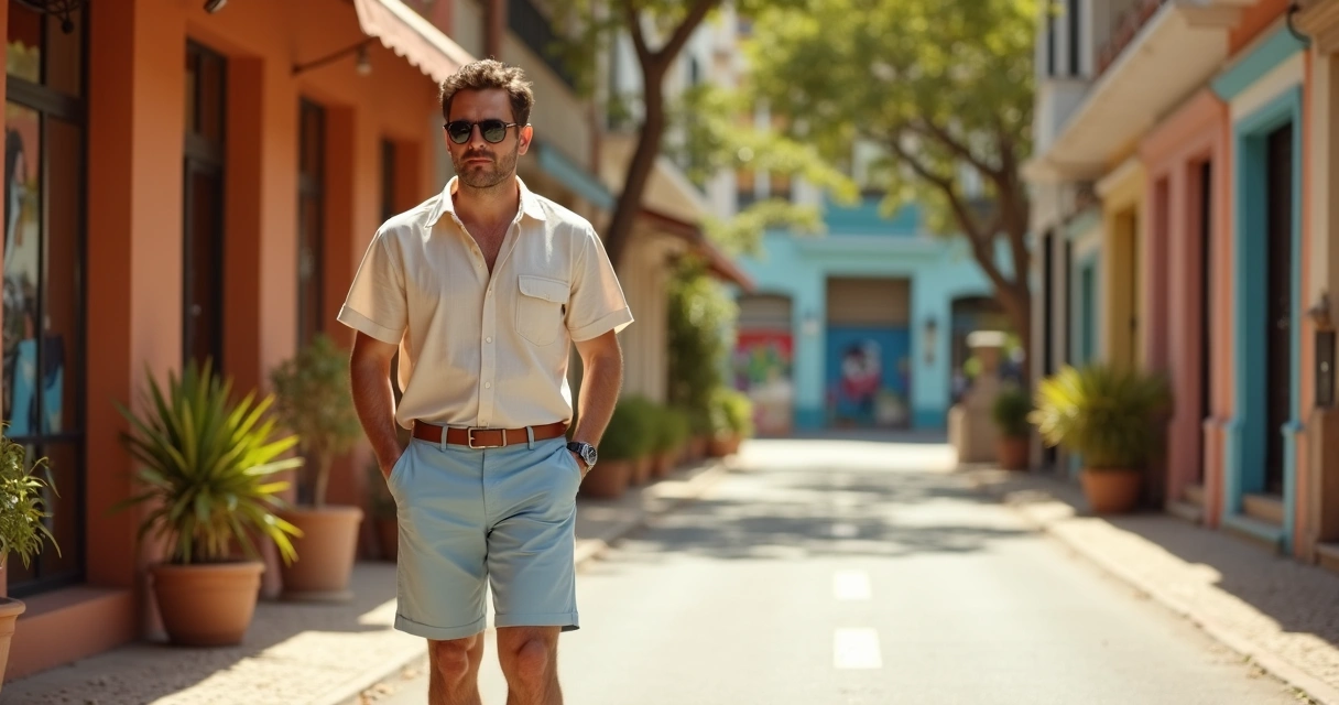 Homem com look masculino de verão 2026 casual e elegante em rua arborizada de São Paulo 