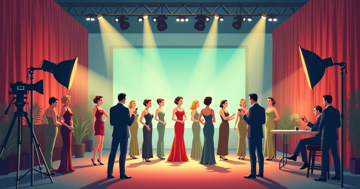 Cena de cinema clássica mostrando atores em figurinos retrô dos anos 40 a 60 em um set de filmagem 