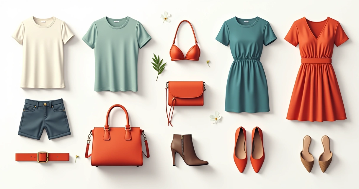 Roupas e acessórios de moda dispostos sobre uma superfície branca, incluindo camisetas, vestidos e bolsas 