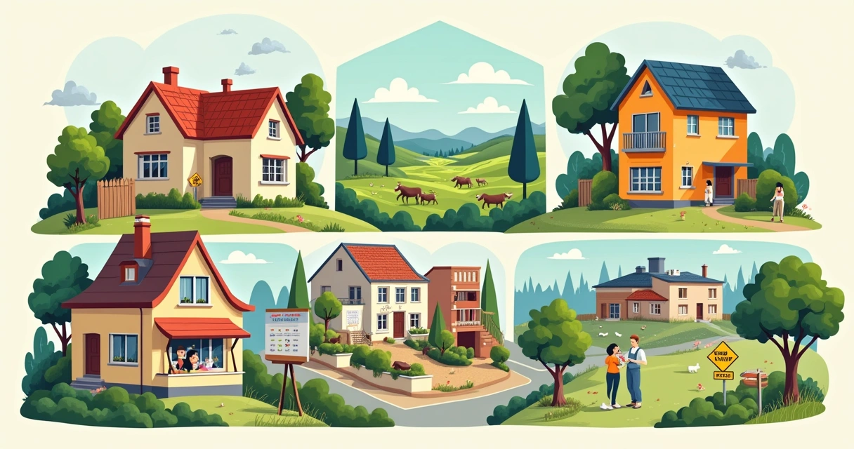 Várias modalidades de usucapião representadas em uma ilustração colorida de casas urbanas e rurais.