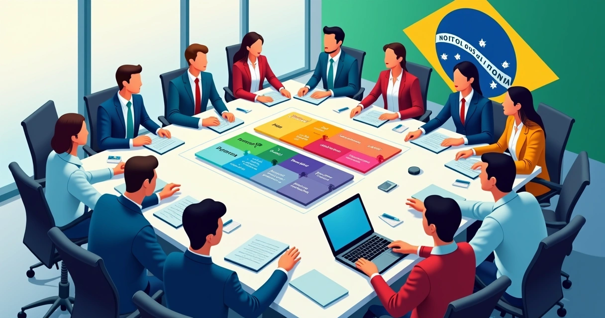 Gráfico colorido ilustrando as modalidades de licitação e equipes discutindo opções em uma mesa