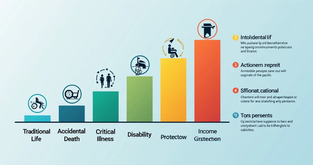 Gráfico ilustrativo das diferentes modalidades de seguro de vida com ícones representando vida, doença, invalidez e família 