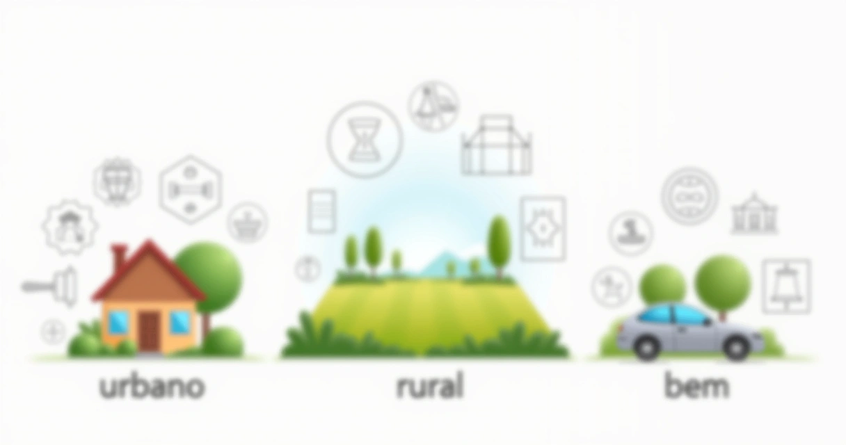 Ilustração mostrando diferentes tipos de imóvel, como casa, terreno urbano e área rural