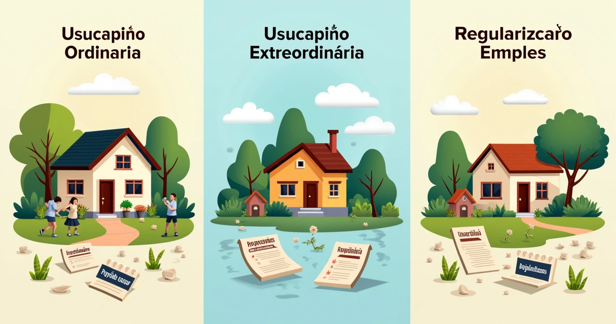 Ilustração das três modalidades de usucapião: Ordinária, Extraordinária e Especial em um ambiente acolhedor. 