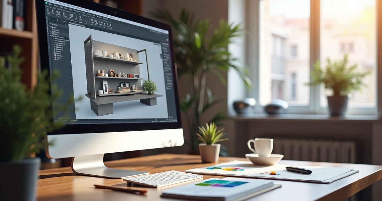 Tela de computador exibindo modelagem 3D de display para PDV