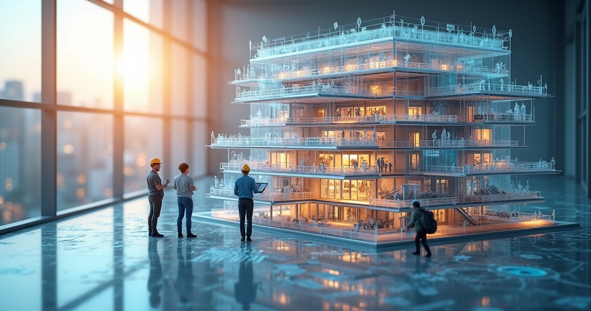 Modelo BIM tridimensional de edifício com camadas de informações 