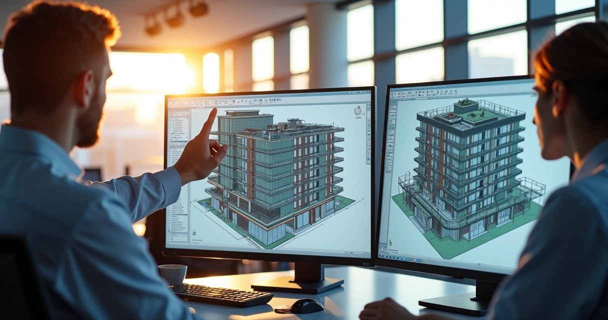 Telas mostrando um modelo BIM tridimensional 