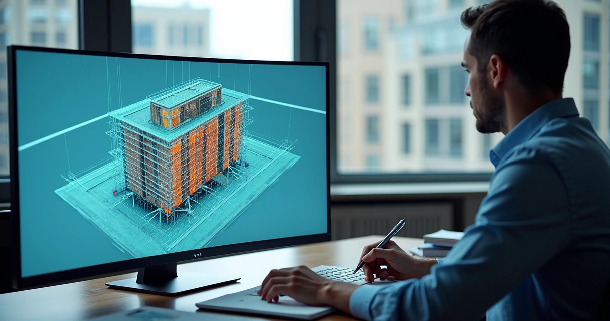 Técnico analisando modelagem digital de patologia em obra civil 