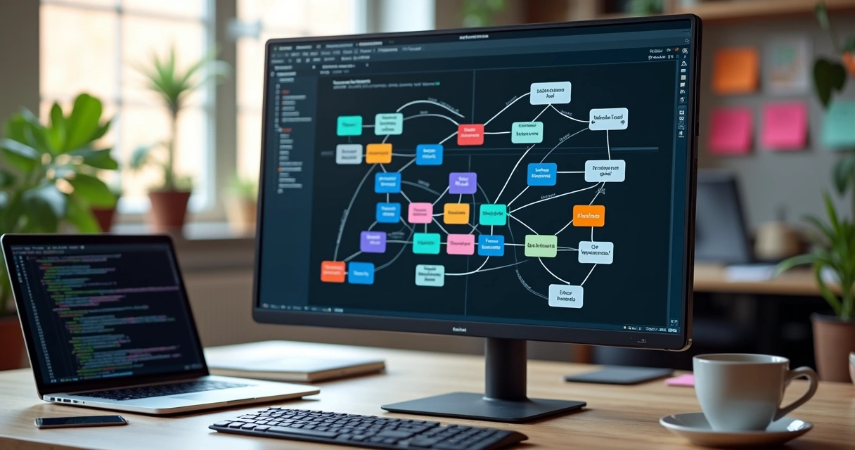 Diagrama detalhado de modelagem de domínios com blocos representando entidades, agregados e contextos delimitados em um sistema Laravel 