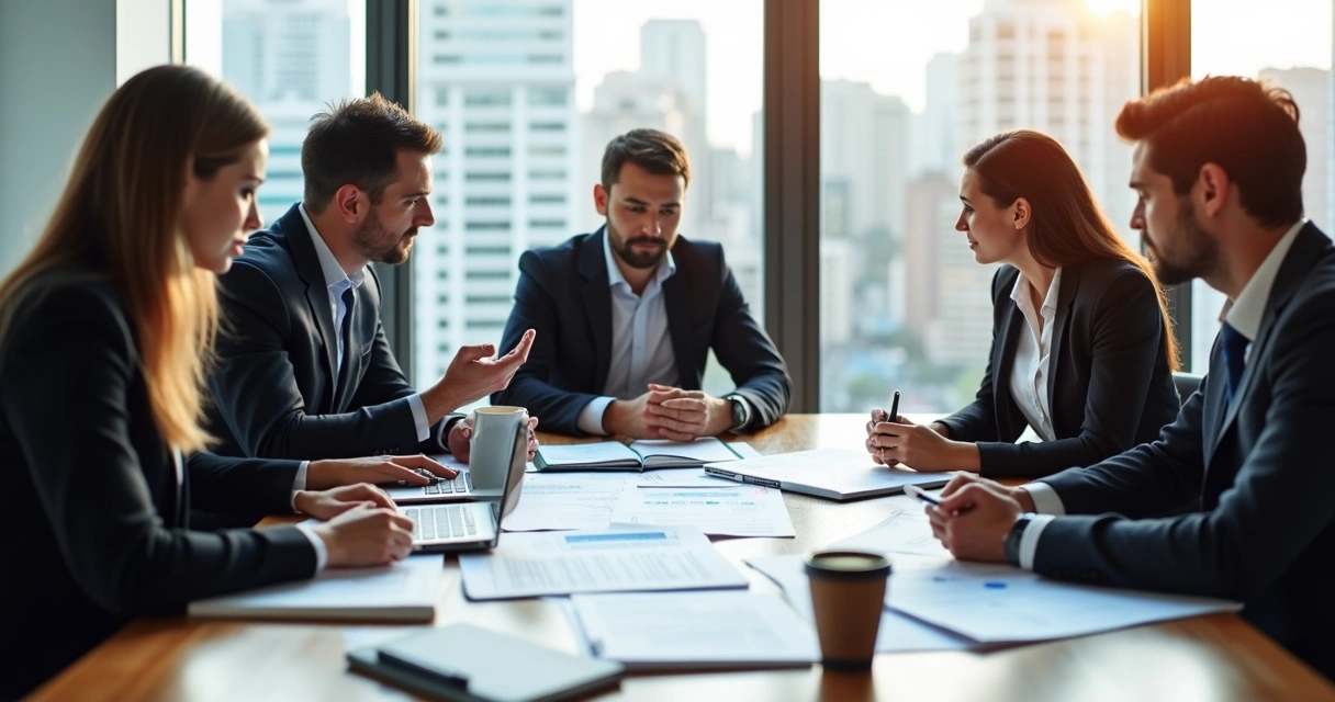 Equipe de consultores analisando documentos de franquia em mesa de reunião 