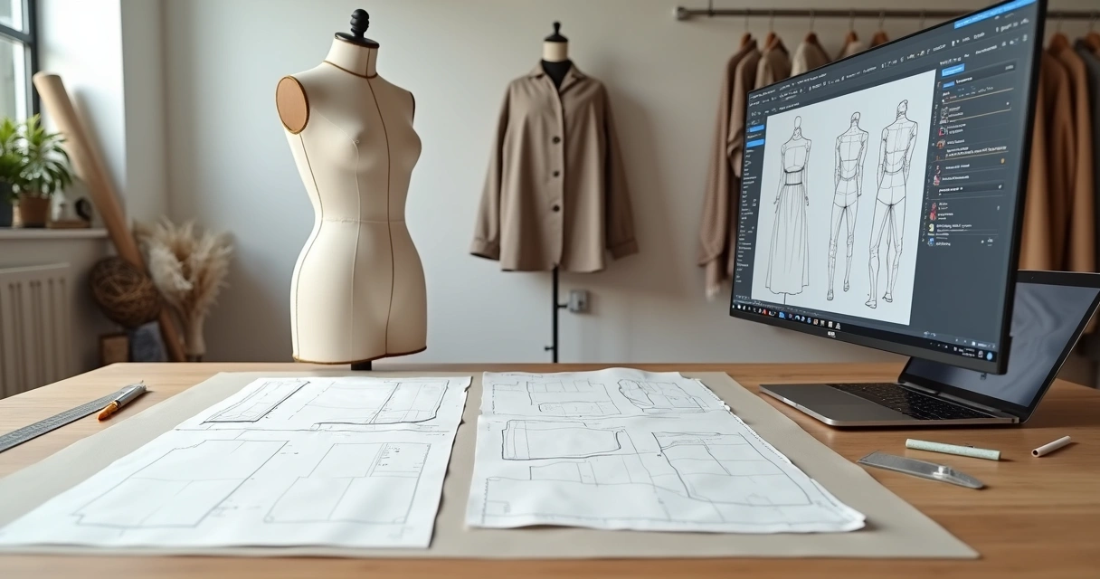 Mesa de modelagem de moda com moldes em papel, tecido e tela de computador com software de modelagem 