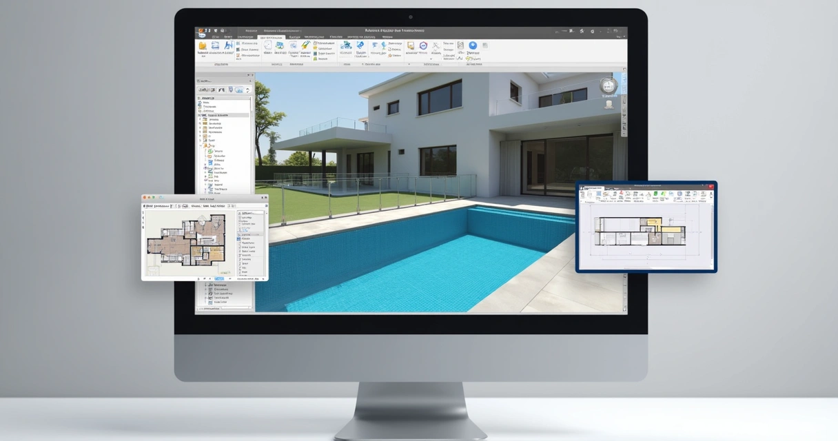 Tela do Revit com modelo 3D de piscina detalhada em vista perspectiva 