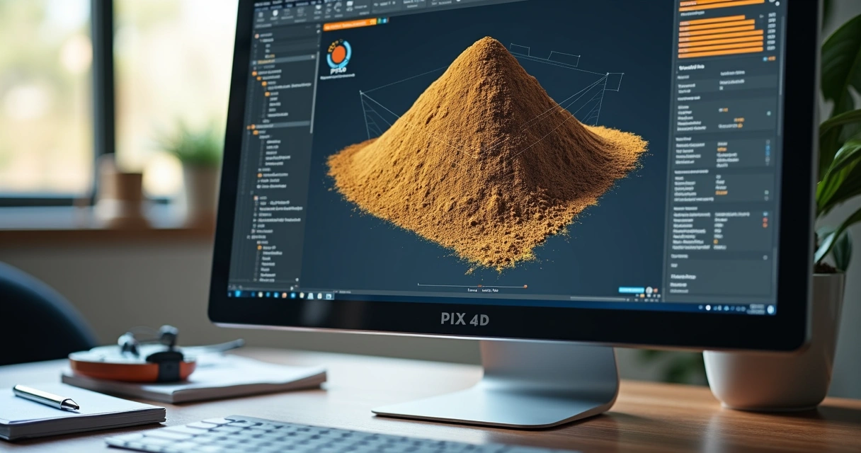 Tela de computador mostrando modelo 3D de pilha de material no PIX4D 