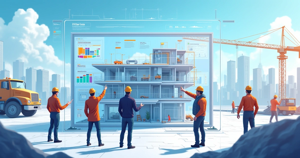 Modelo 3D de construção em um canteiro de obras moderno, com profissionais colaborando e discutindo planos.