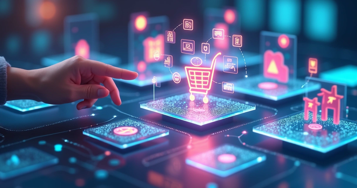 Modelo 3D de uma loja virtual digital com elementos de vendas e tecnologia 