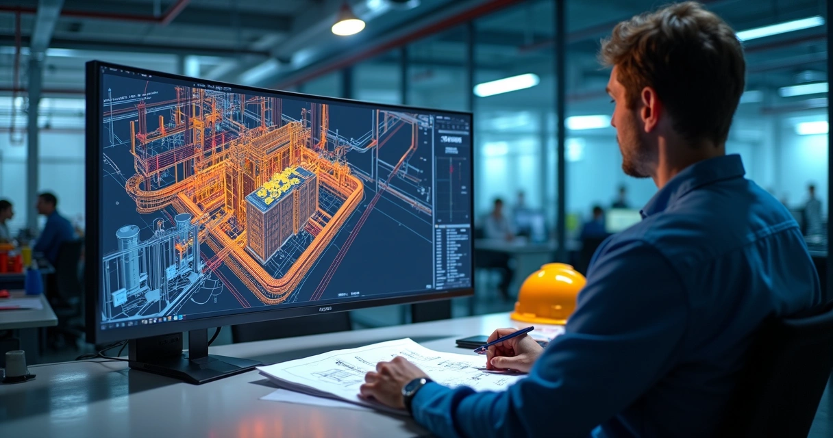Modelo 3D de planta industrial com detecção de interferências 