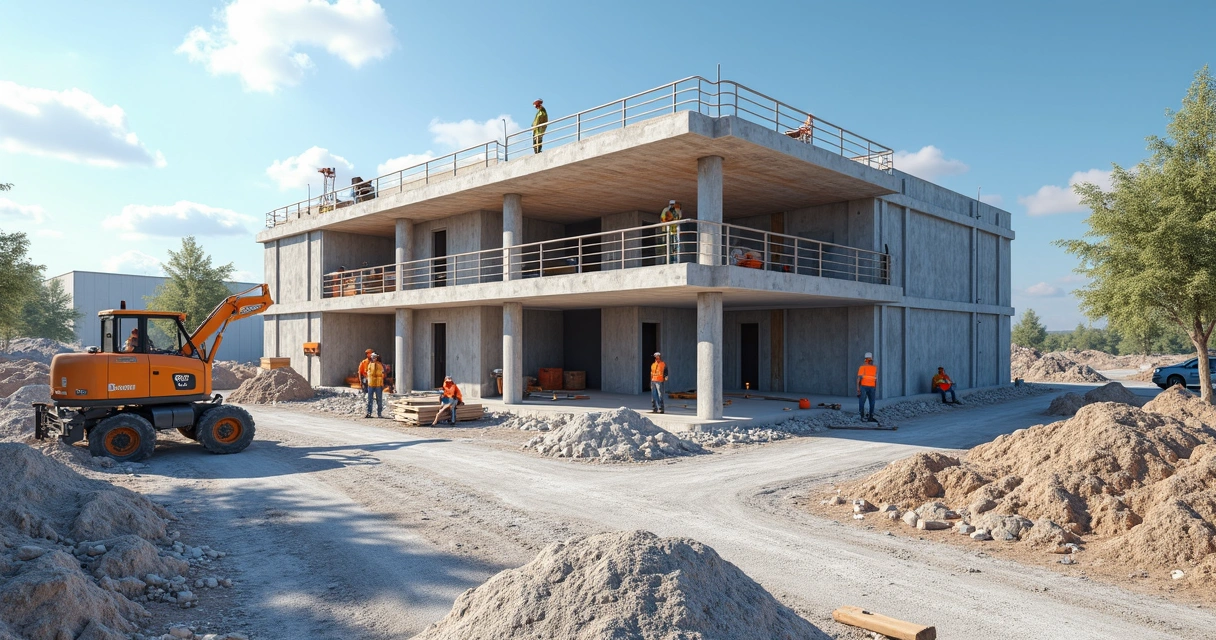 Modelo 3D de construção civil com detalhes visíveis no canteiro 