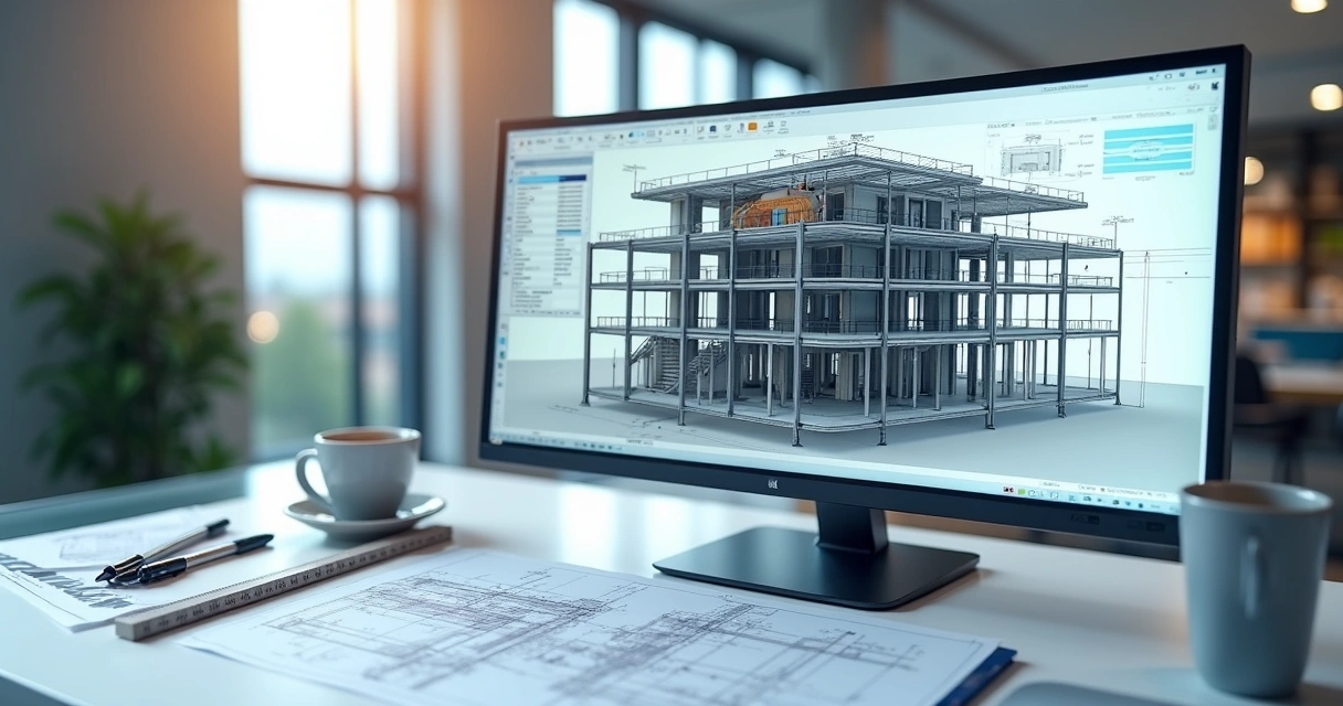 Modelo 3D de estrutura de edifício com detalhes técnicos 