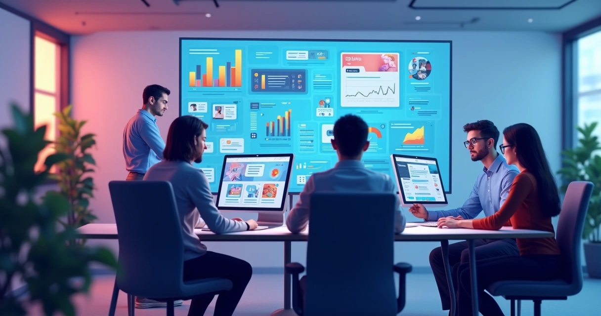 Time criativo digital em ambiente de trabalho com computadores e telas exibindo designs e fluxos de projetos 