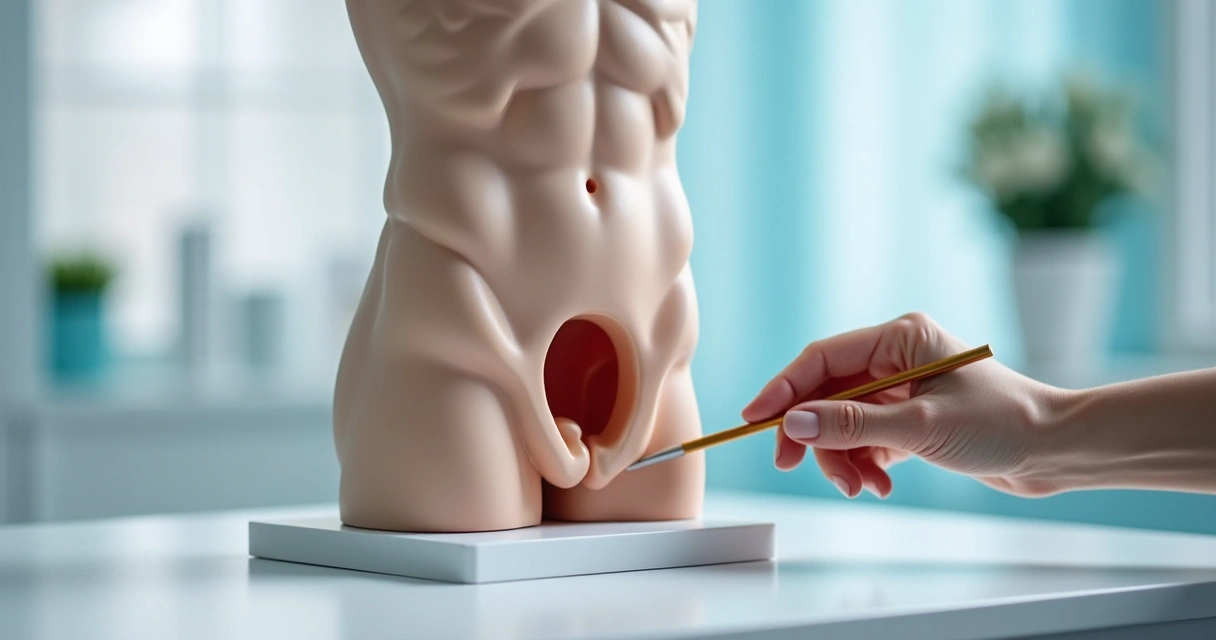 Modelo anatômico masculino com foco na região pélvica 
