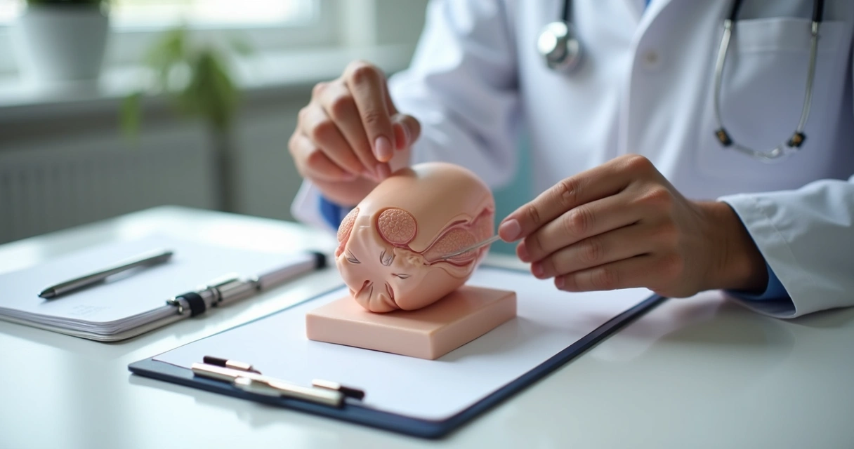 Modelo anatômico em consultório urológico para explicar espessura peniana 
