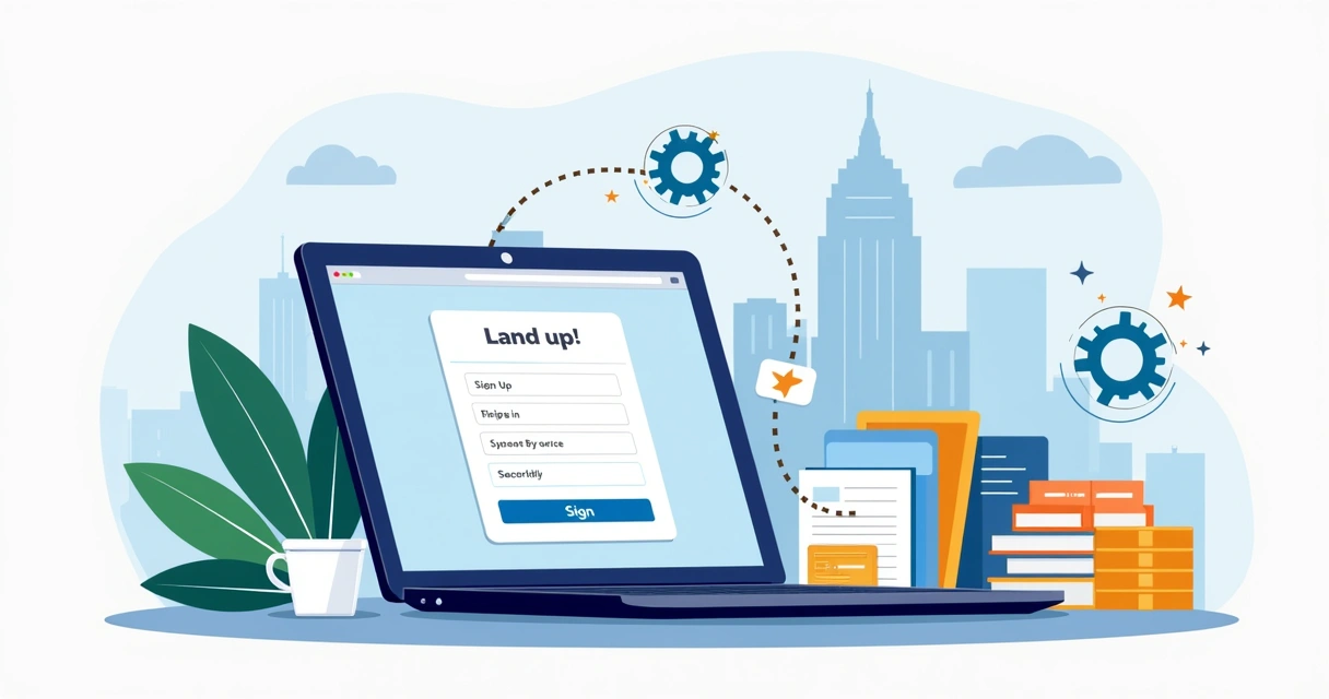 Ilustração de landing page de serviços com formulário de assinatura e setas indicando fluxo recorrente 