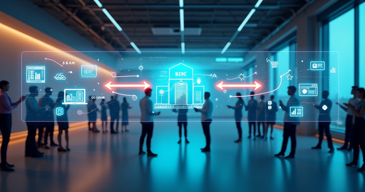 Representação visual de parceria B2B2C entre startup de tecnologia, empresa parceira e consumidor final 