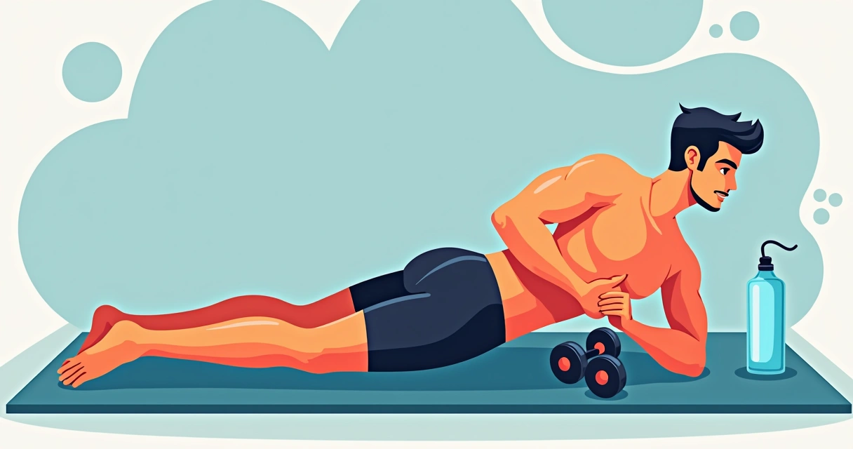 Homem vestindo bermuda térmica preta deitado em tapete de ginástica com garrafa de água e halteres ao lado