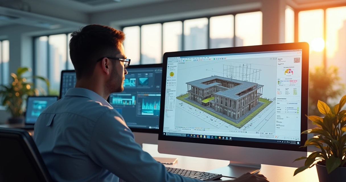 Maquete digital de um edifício em tela de computador com gráficos de planejamento 