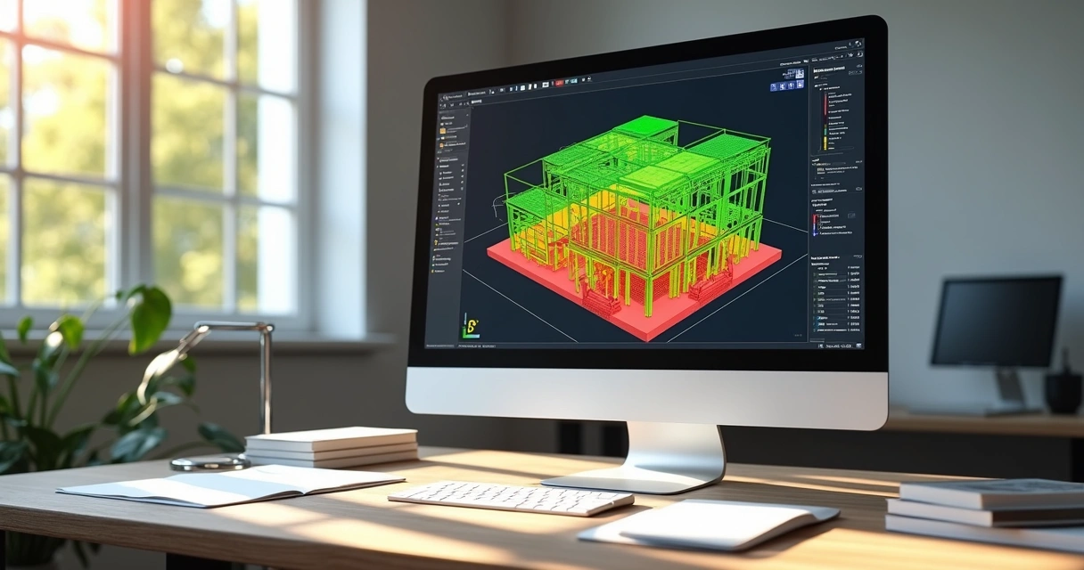 Tela de computador mostra modelo BIM com atualizações de as built 