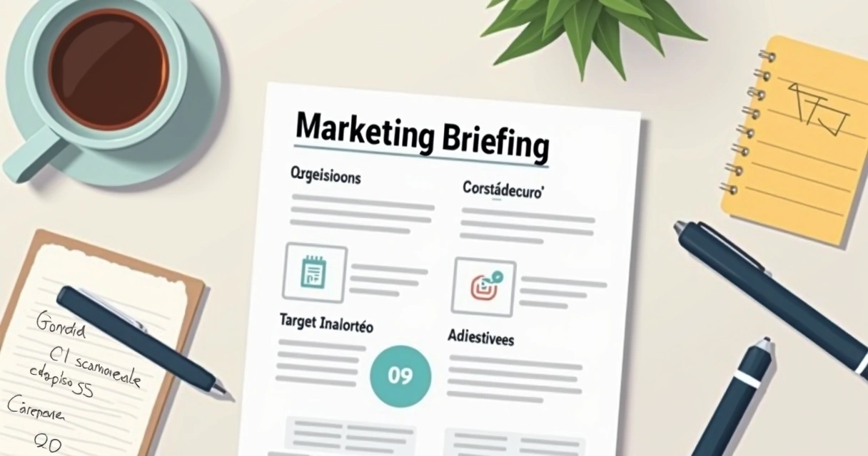 Modelo de briefing impresso sobre uma mesa com caneta e anotações