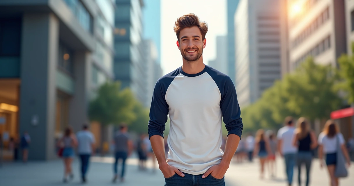 Homem usando camiseta raglan de duas cores no centro da cidade