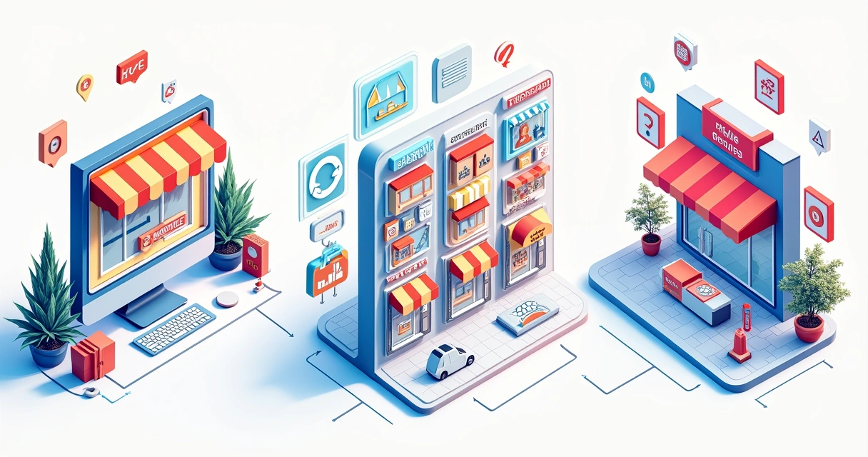 Ilustração de modelos de canais de venda digital, mostrando loja virtual, marketplace e integração omnichannel 