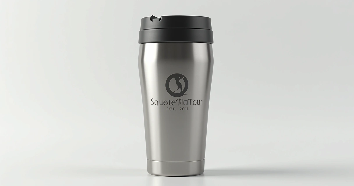 Caneca térmica de inox com marca de empresa em fundo branco 