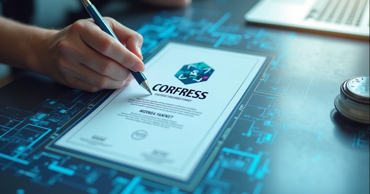 Interface de edição de modelo de certificado digital com elementos coloridos e logo no topo 