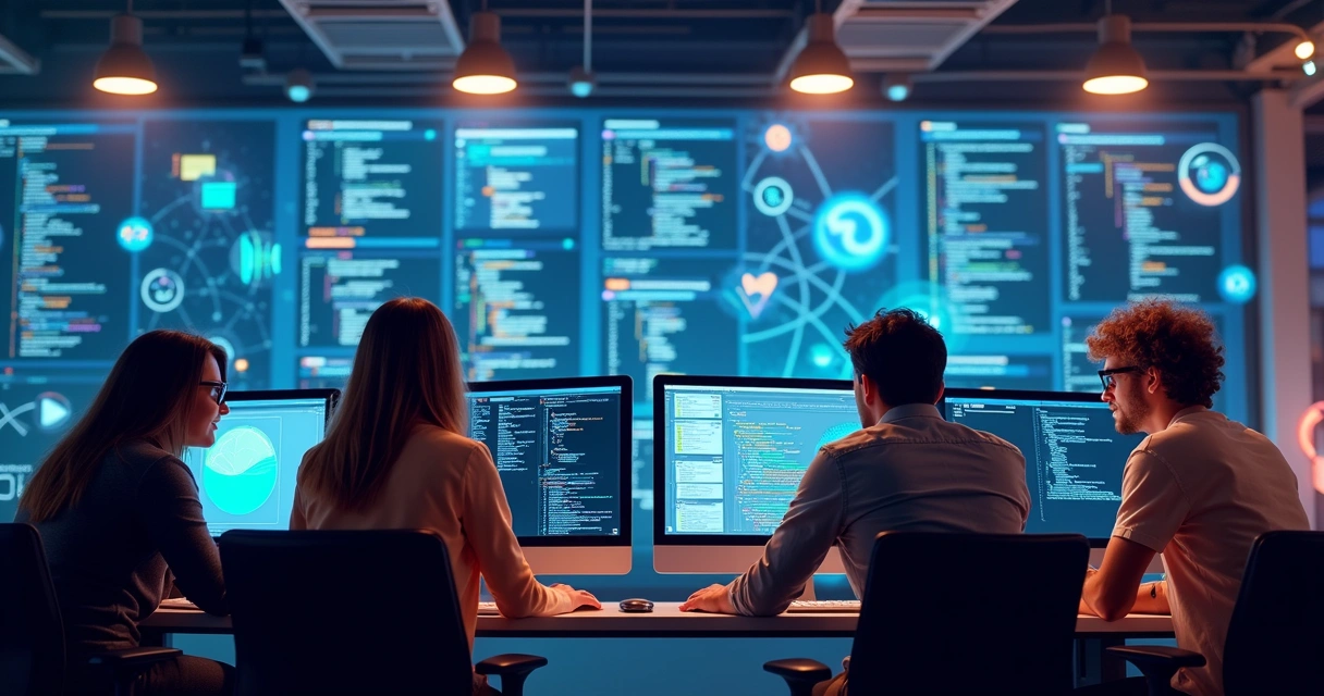 Desenvolvedores colaborando em telas 