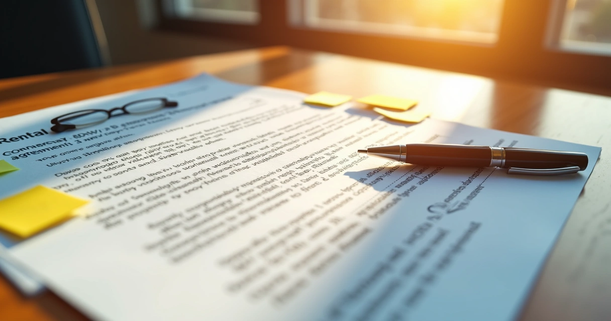 Modelo de contrato de locação comercial simples impresso sobre mesa 