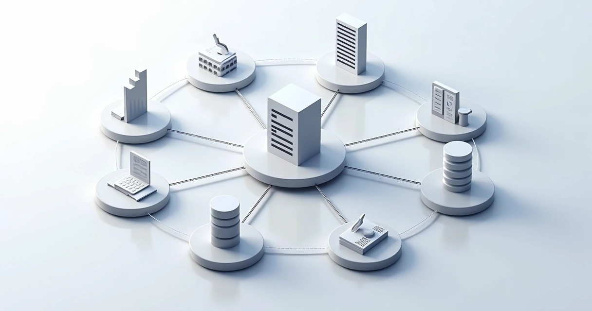 Fluxo visual de modelo de dados corporativo com conexões entre tabelas e fontes diversas 