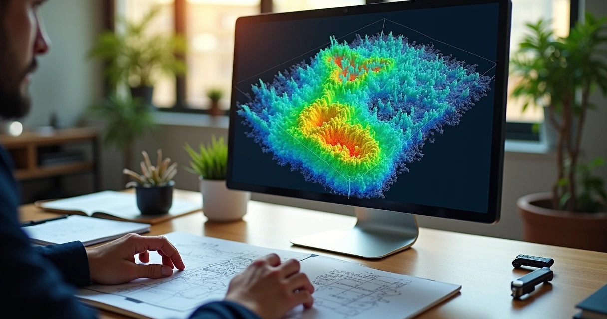 Modelo digital de terreno em 3D exibido em tela de computador 