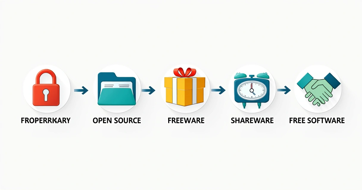 Fluxograma ilustrando modelos de licenciamento de software, como proprietário, livre, código aberto, freeware e shareware 