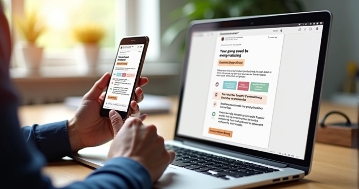 Exemplo de e-mail responsivo exibido em tela de smartphone e computador 