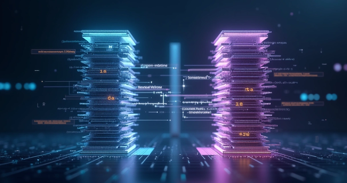 Visualização conceitual de um modelo encoder-decoder com camadas conectadas por fluxo de dados de IA 