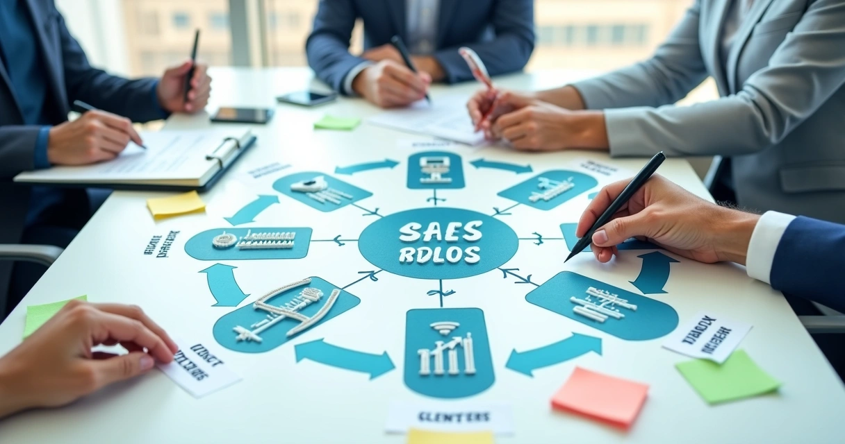 Fluxo de um processo de vendas com quatro etapas conectadas com ícones representando análise, contato, negociação e fechamento. 