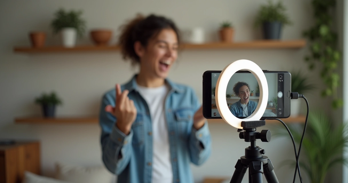 Pessoa gravando vídeo curto com celular e luz de vídeo circular 