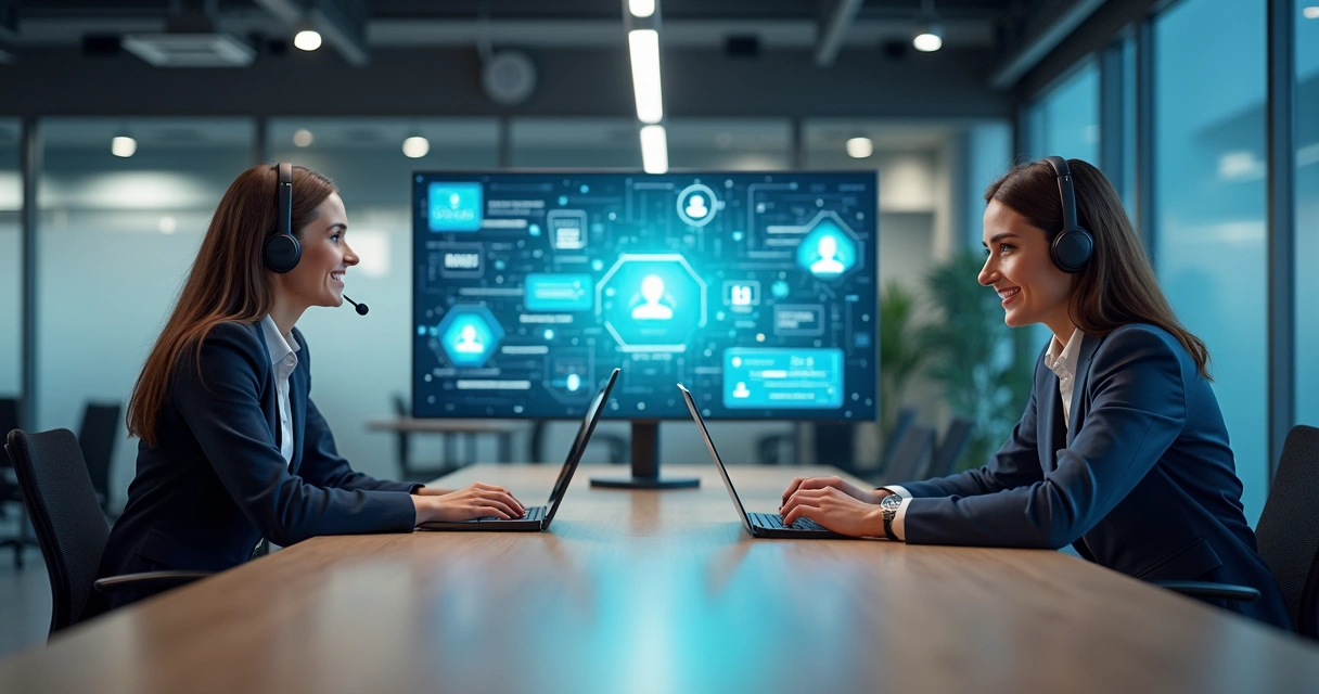Atendimento híbrido com IA e equipe humana operando juntos em ambiente digital 
